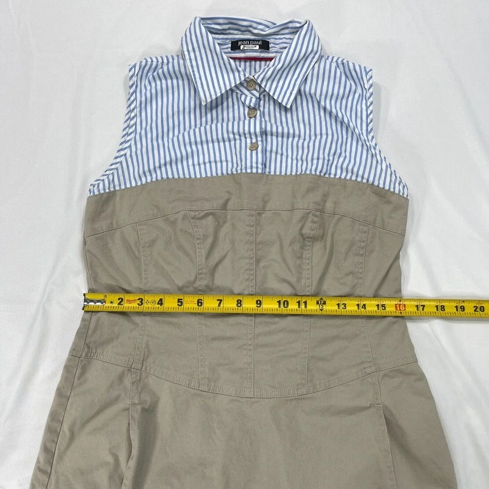 Jean Paul Berlin Sleeveless Khaki‎ Midi Dress Womens 10 Blue White Striped Top - Picture 6 of 14